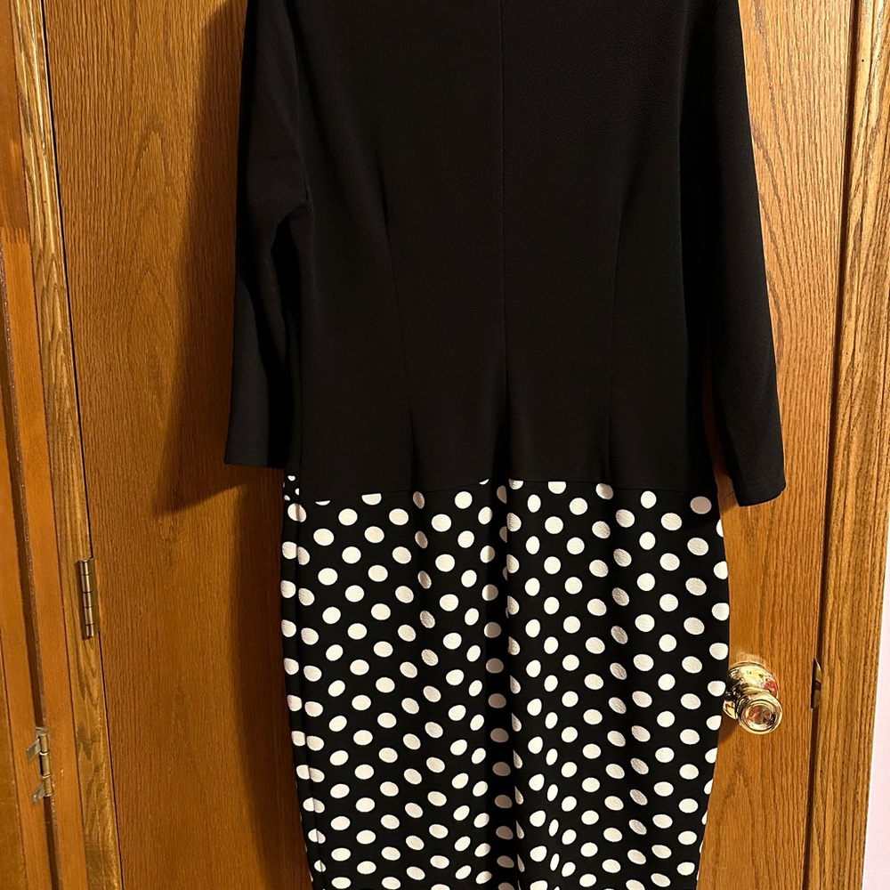 Ladies mock 2 piece fitted navy white polka dot dress. - Picture 2 of 2